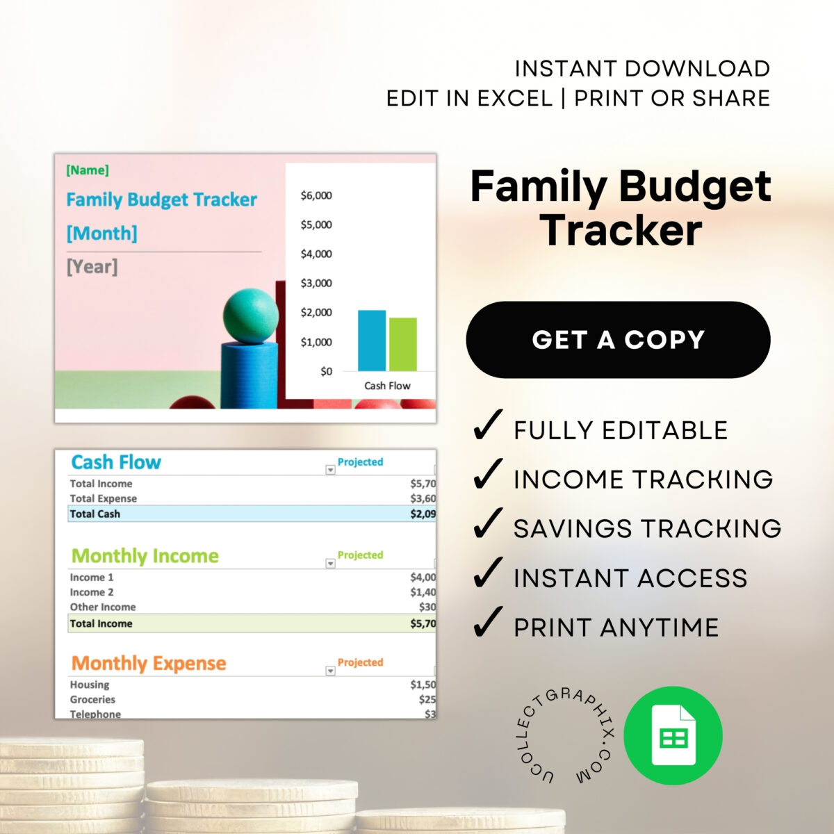 Family Monthly Budget Tracker Excel Template | Cash Flow, Income & Expense Tables with Bar Chart | TRACEXC-001