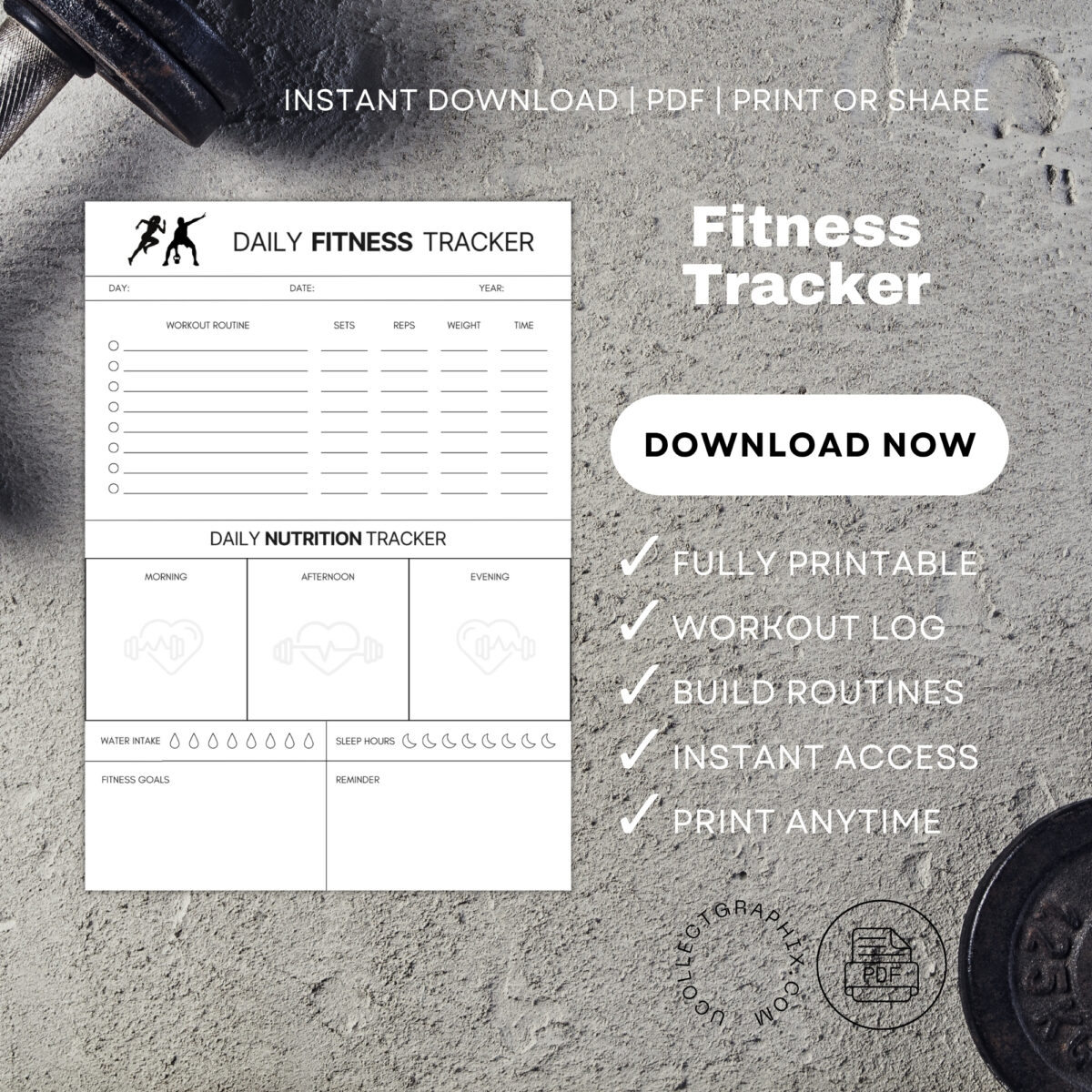Fitness & Nutrition Tracker Printable | Daily Workout Log, Meal & Water Tracker | TRAC-002-01