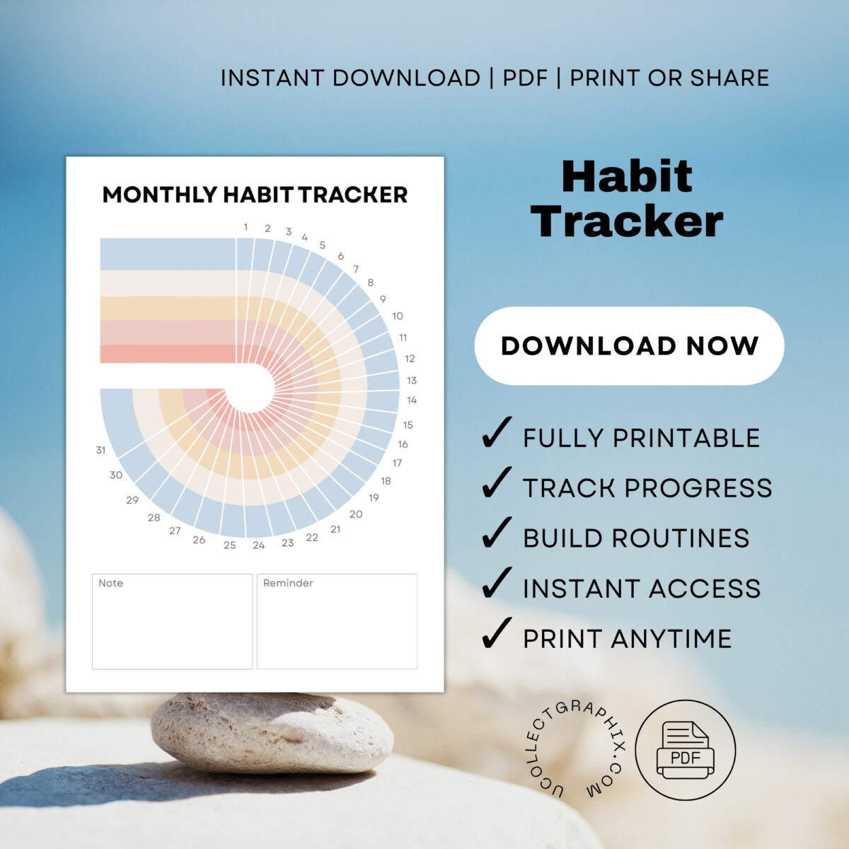 Printable Monthly Habit Tracker | Habit & Goal Planner with Notes and Reminders | TRAC-009-01