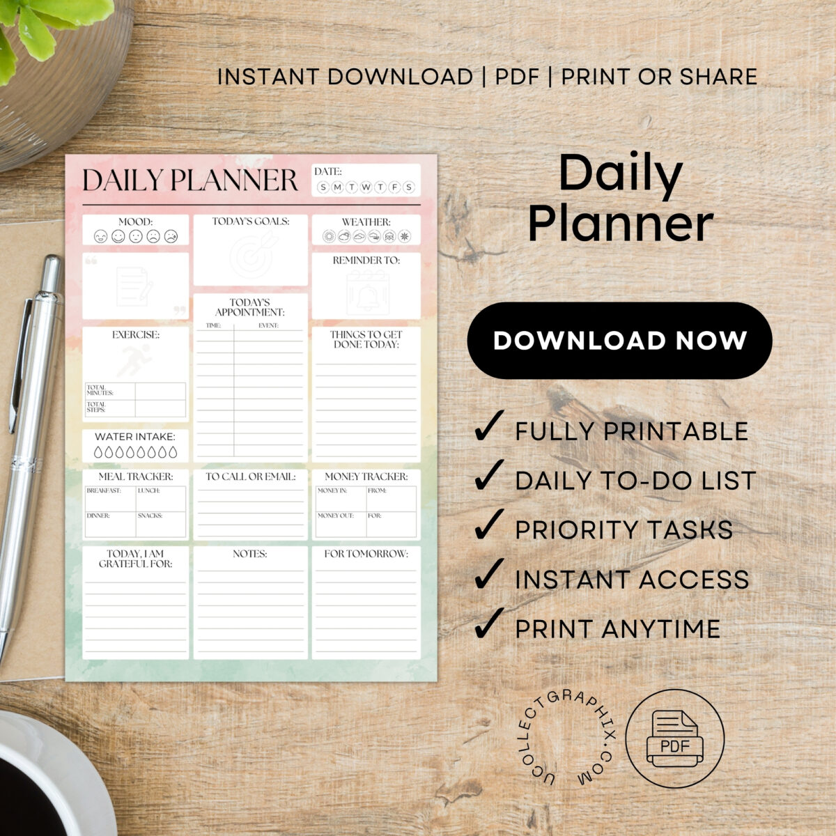Printable Daily Planner | All-In-One Organizer PDF | PLADAY-002-02