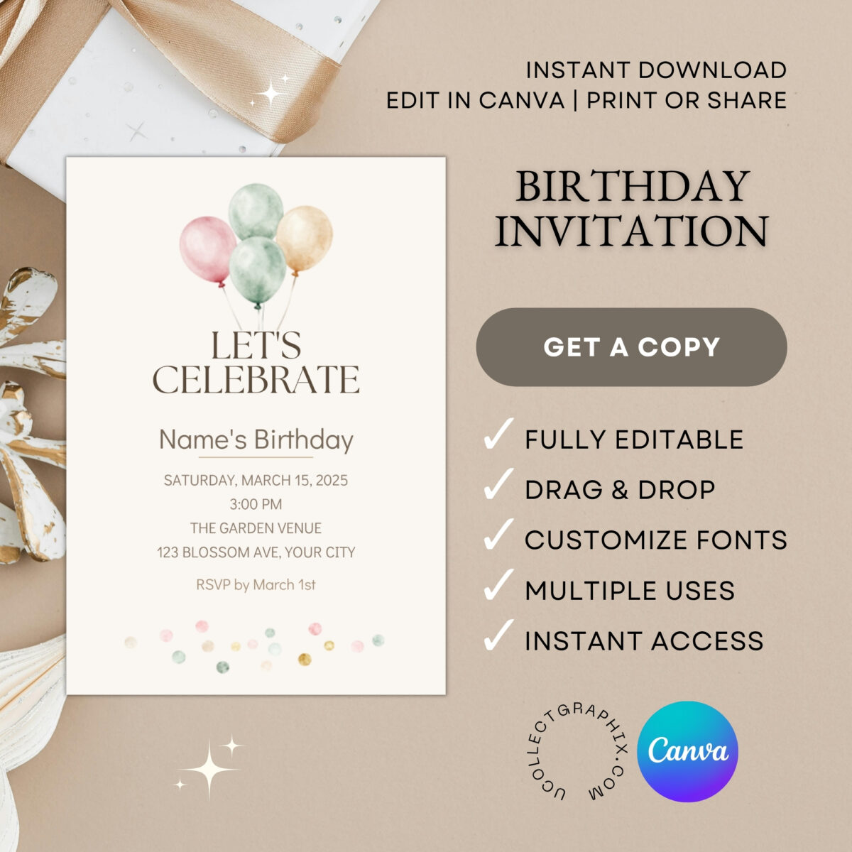 Editable Birthday Invitation Template Canva | Pastel Balloon Birthday Invite | Minimalist Watercolor Birthday Party Invitation | BDINVITE-005