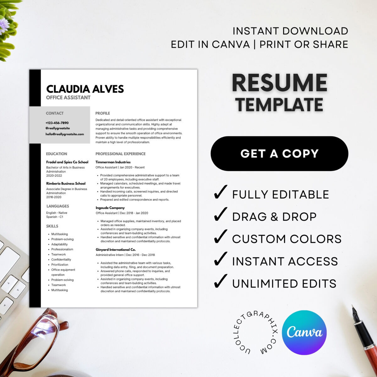 Professional Assistant Resume Template | 1 & 2 Page Canva CV Template | Editable Modern Resume | ATS-Friendly | CV-006