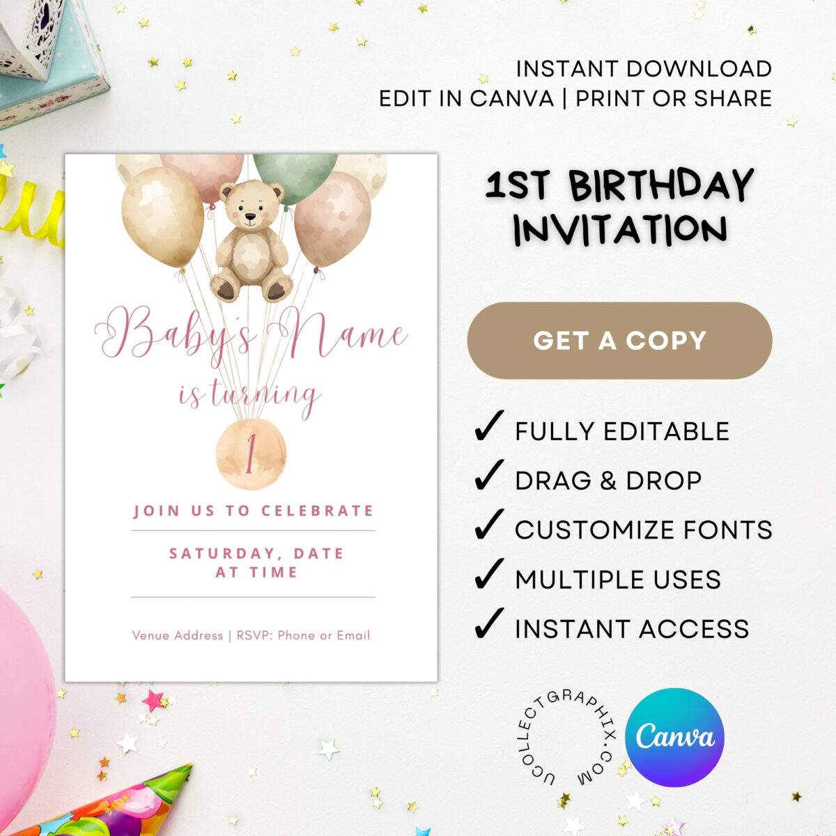Editable First Birthday Girl Invitation Template | Teddy Bear Balloons Invite | Pink Boho 1st Birthday Canva Template | Printable Baby Girl Party Invite | 1BINVITE-005