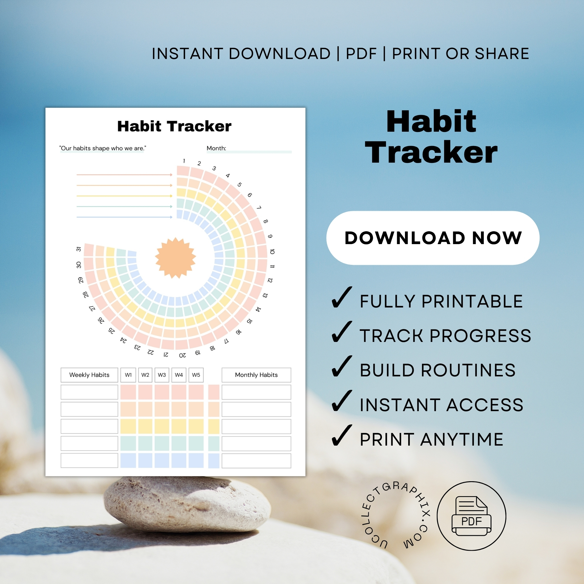 Daily, Weekly & Monthly Habit Tracker Printable – Minimal Routine & Goal Tracker | TRAC-001-01