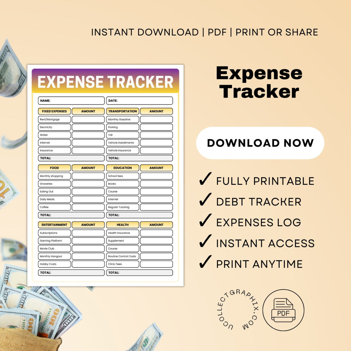Printable Expense Tracker | Budget Planner with Fixed, Food, Transport, Health & More | TRAC-008-01