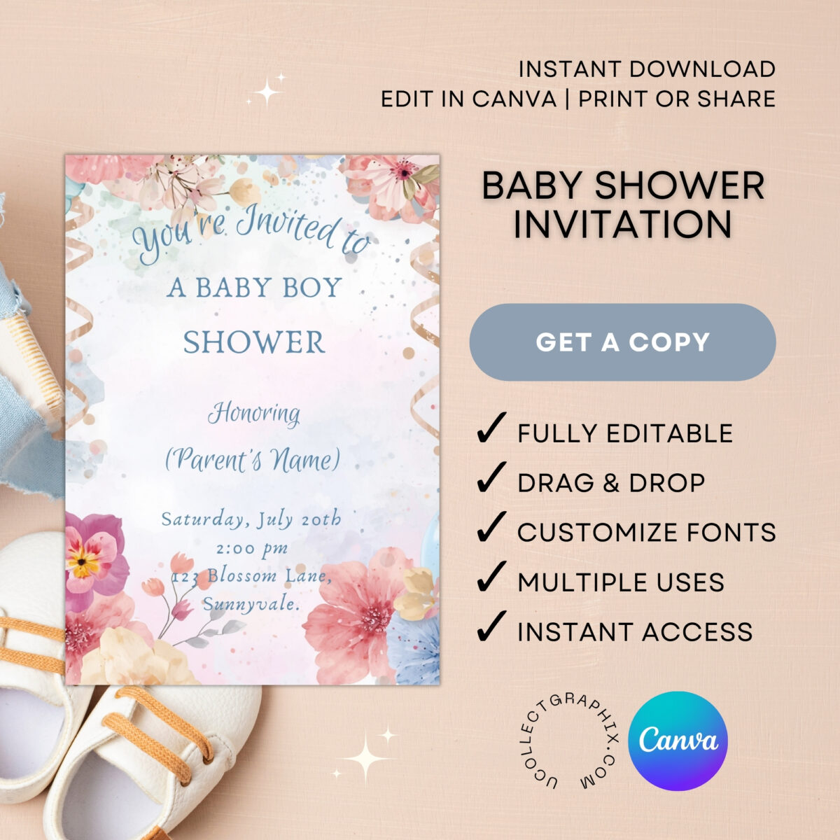 Editable Baby Boy Shower Invitation Canva Template | Floral Baby Shower Invite Printable | Watercolor Flowers Baby Invite | BSINVITE-004