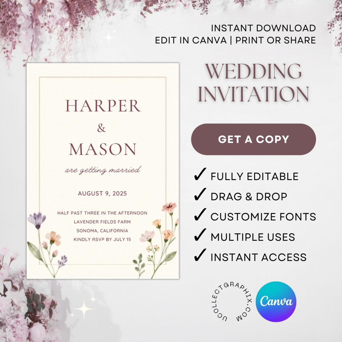 Elegant Minimalist Floral Wedding Invitation Template | Editable Canva Invite | Dusty Rose Script Wedding Invite | WEDINVITE-005