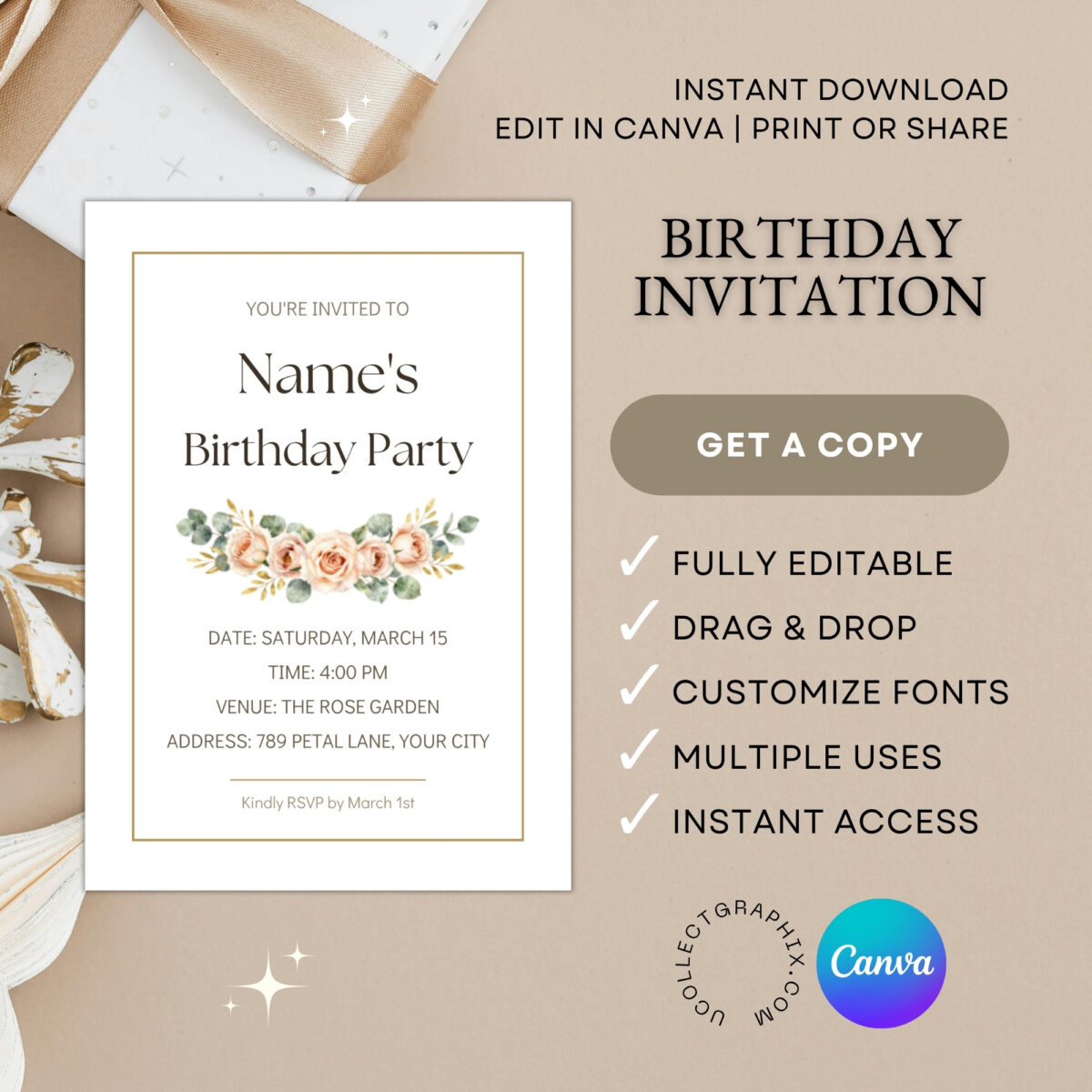 Editable Floral Birthday Invitation Template Canva | Elegant Rose Birthday Party Invite | Watercolor Flower Birthday Invitation | BDINVITE-006