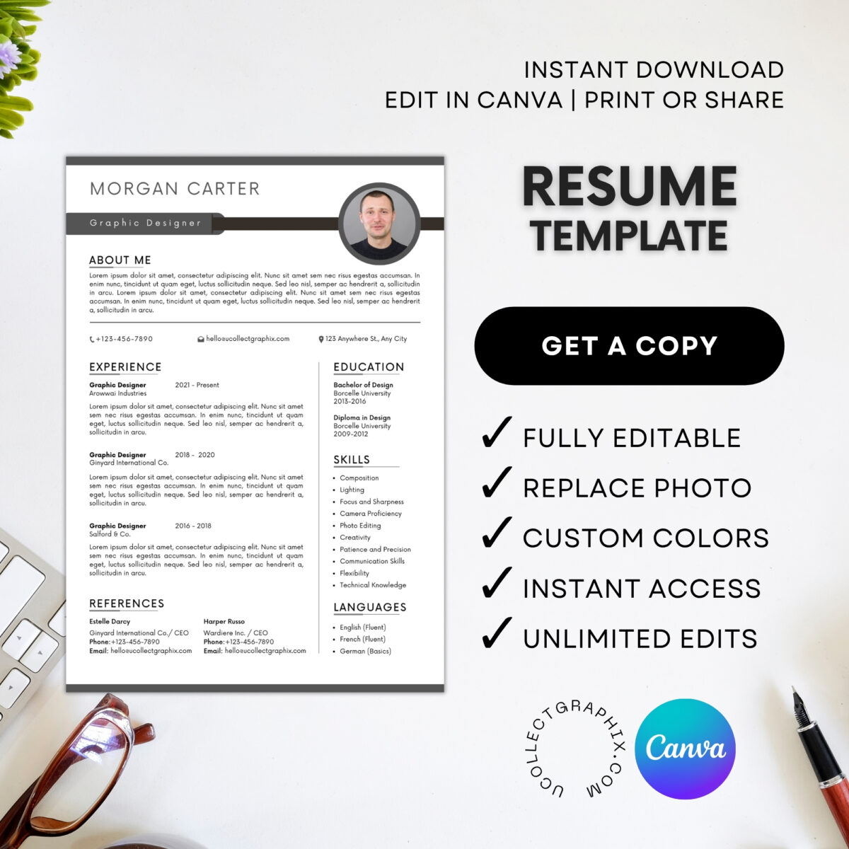 Designer Resume Template | Modern 2026 Professional CV with Photo | Canva Editable | CV-002