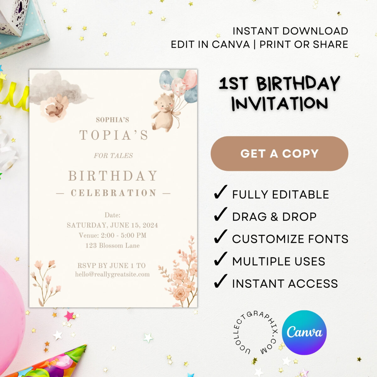 Editable First Birthday Girl Invitation Template | Teddy Bear Floral Balloons Invite | Boho Baby Girl 1st Birthday Canva Template | Printable Birthday Invite | 1BINVITE-006