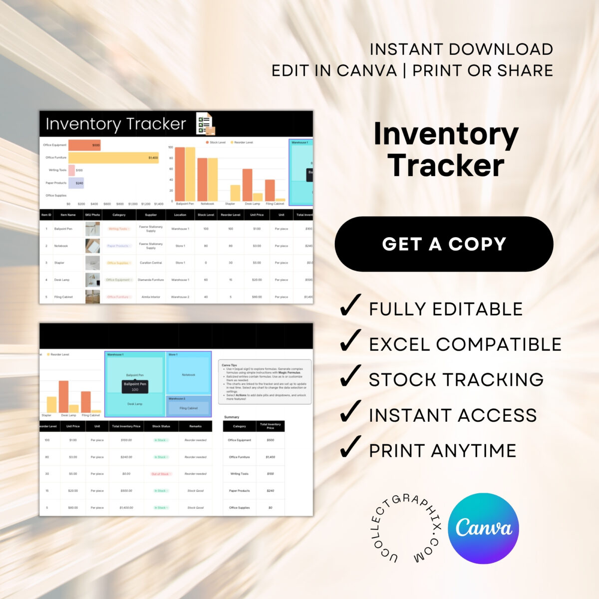Editable Inventory Tracker Excel Template | Canva Inventory Management Spreadsheet | TRAC-015-01