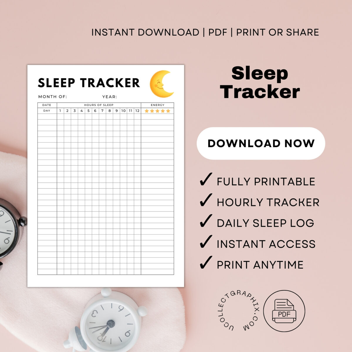 Sleep Tracker Printable | Daily Sleep Hours & Energy Level Log | TRAC-007-01