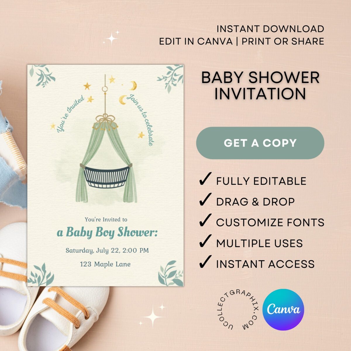 Editable Baby Boy Shower Invitation Canva Template | Neutral Green Baby Shower Invite Printable | Crib Moon Stars Theme | BSINVITE-003