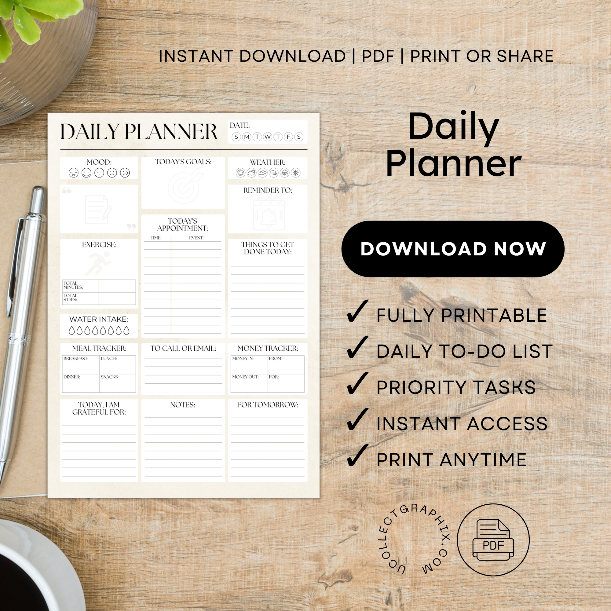 Printable Daily Planner | All-In-One Organizer PDF | PLADAY-002-01