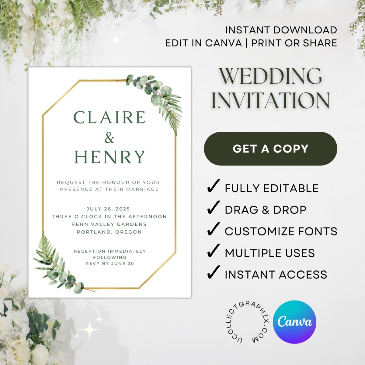 Greenery Wedding Invitation Template | Editable Canva Invite | Elegant Botanical Wedding Invite with Gold Frame | WEDINVITE-006