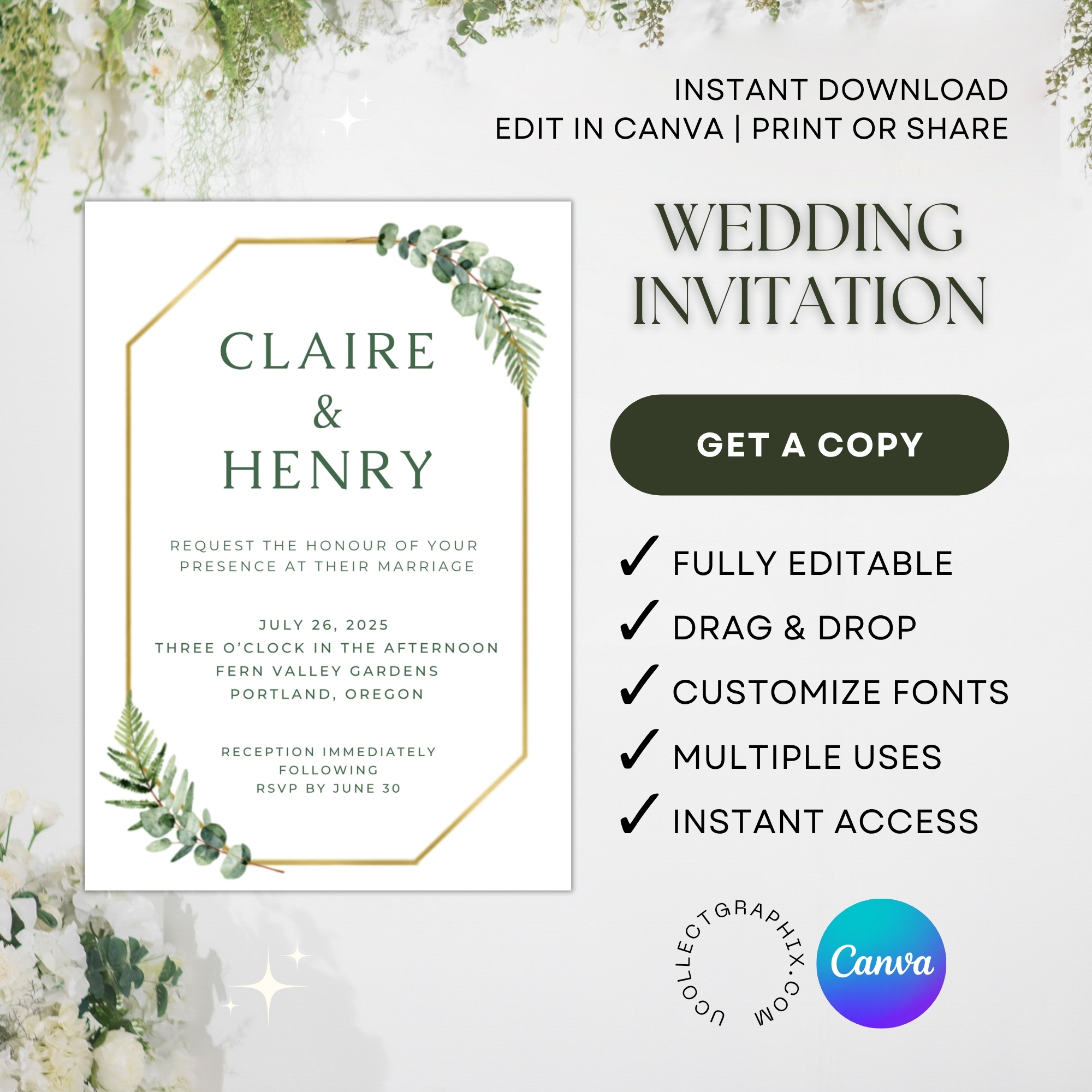 Greenery Wedding Invitation Template | Editable Canva Invite | Elegant Botanical Wedding Invite with Gold Frame | WEDINVITE-006