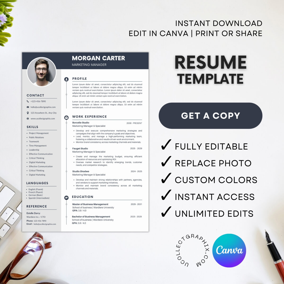 Executive & Managerial Resume Template | Modern 2026 Professional CV with Photo | Canva Editable | RES-CV-001