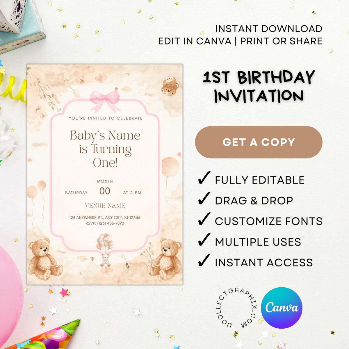 Editable First Birthday Girl Invitation Template | Teddy Bear Pink Bow Birthday Invite | Canva Template | 1BINVITE-007