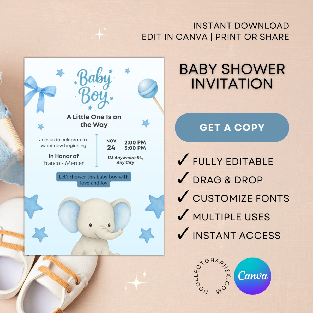 Editable Baby Shower Invitation Boy Canva Template | Blue Elephant Baby Shower Invite Printable | Instant Download | BSINVITE-002