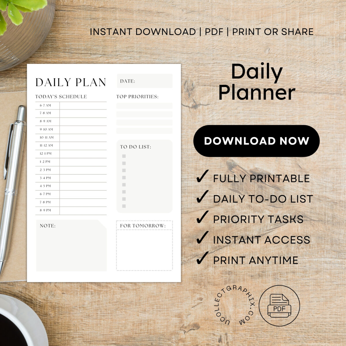Printable Daily Planner | Productivity Planner PDF | PLADAY-001-01