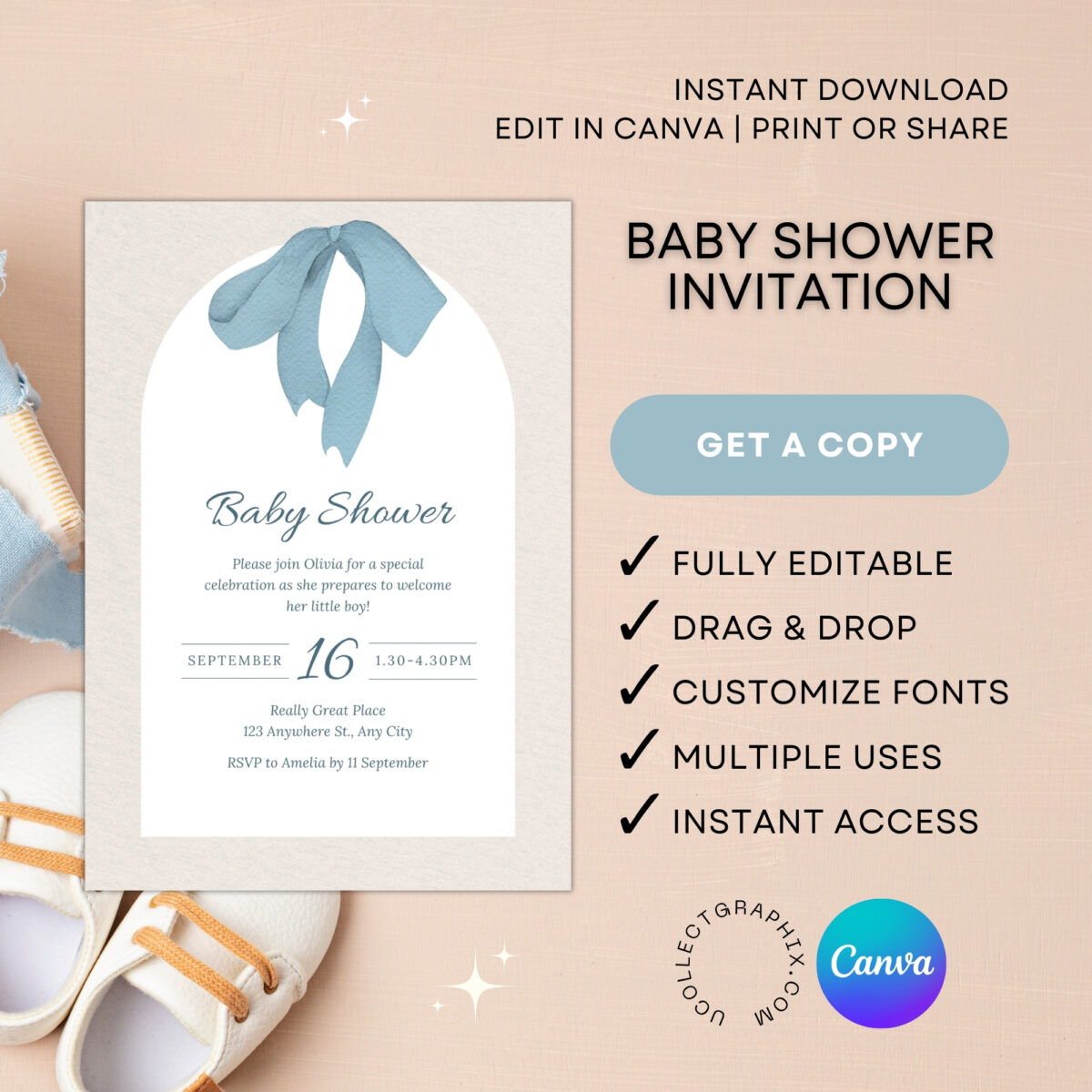 Editable Baby Shower Invitation Canva Template for Boy | Blue Baby Shower Invite Printable | Instant Download | BSINVITE-001