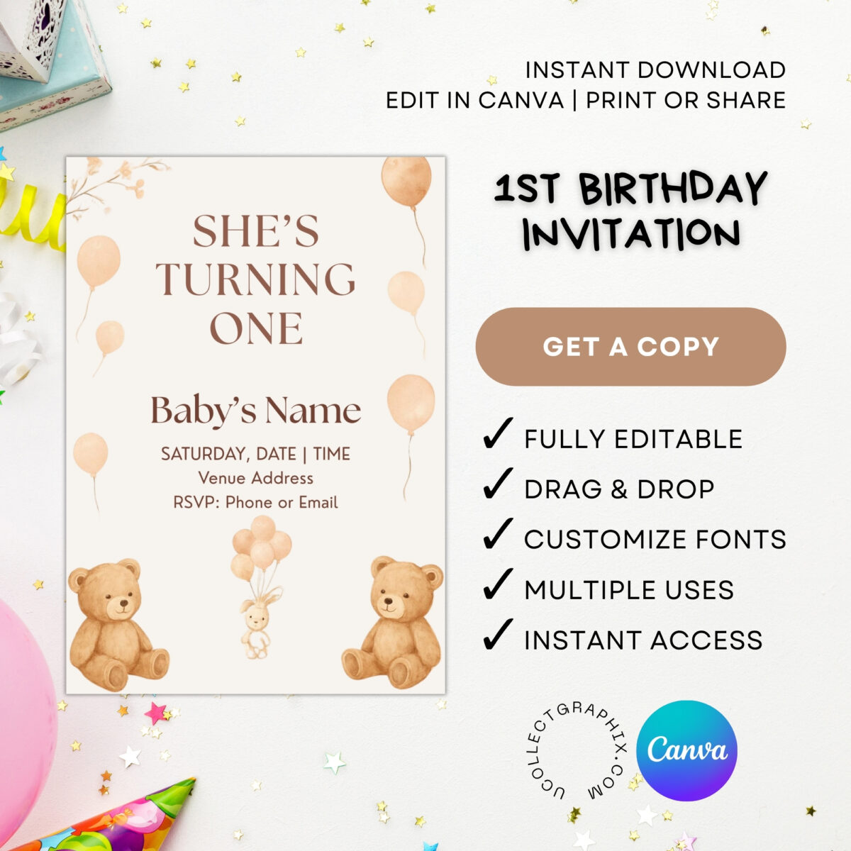 Editable First Birthday Girl Invitation Template | Teddy Bear Birthday Invite Canva Template | Neutral Beige Balloon Party Invitation | 1BINVITE-008