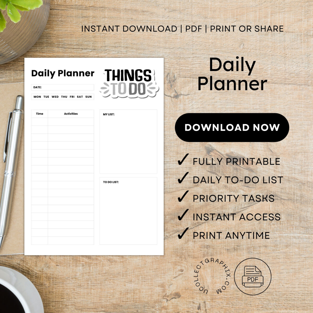 Printable Daily Planner | Time Schedule, Activities, My List & To-Do List | A4 & Letter PDF | PLADAY-003-01