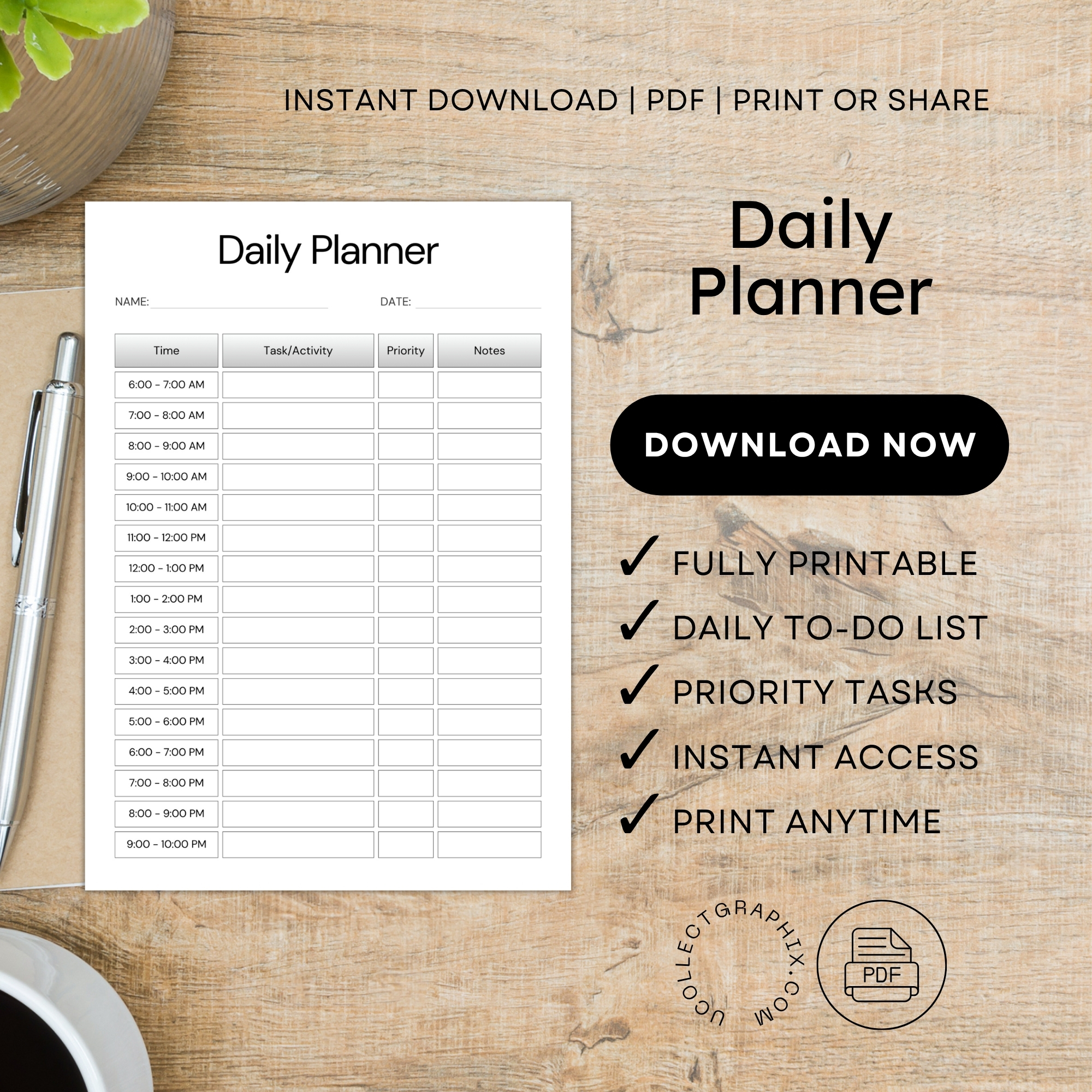 Printable Daily Planner (6AM–10PM) – Hourly Schedule with Tasks, Priority & Notes | PLADAY-005-01