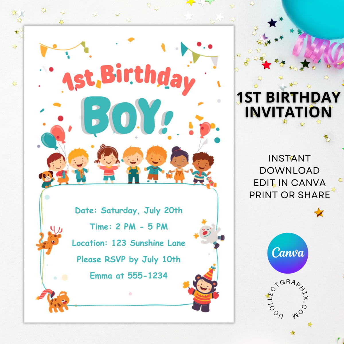 Editable First Birthday Boy Invitation Canva Template | Cute Kids Party Invite, 1st Birthday Boy Card, Printable & Digital | 1BINVITE-002
