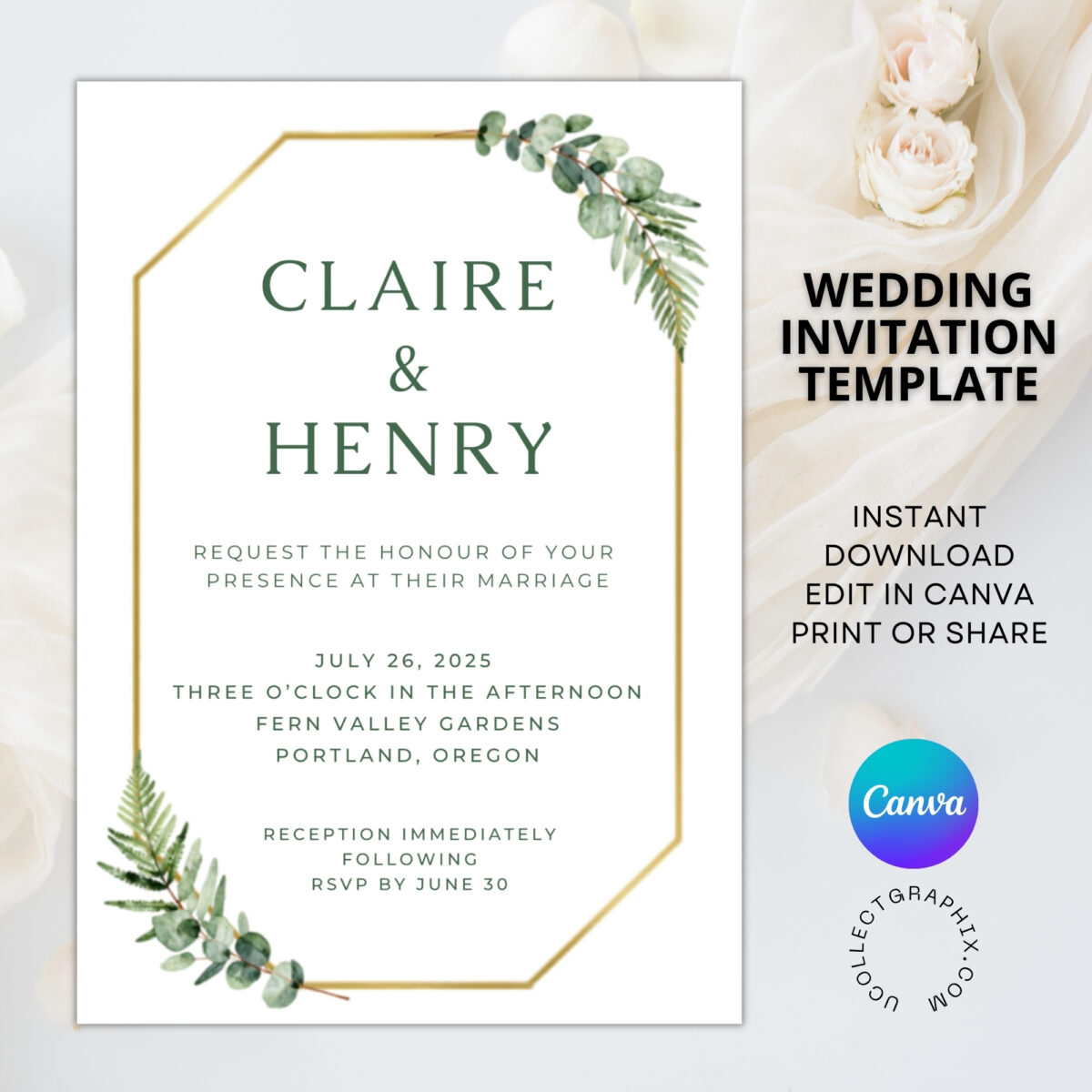 Greenery Wedding Invitation Template | Editable Canva Invite | Elegant Botanical Wedding Invite with Gold Frame | WEDINVITE-006