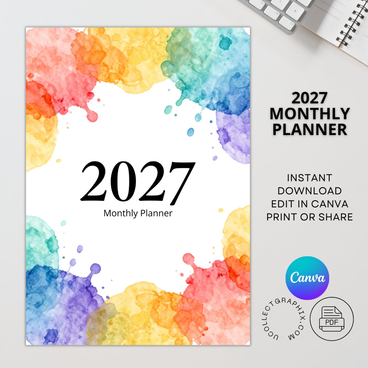 Editable 2027 Monthly Planner Calendar Canva Template | Monthly Goals, Important Dates & Notes | CAL2027-001