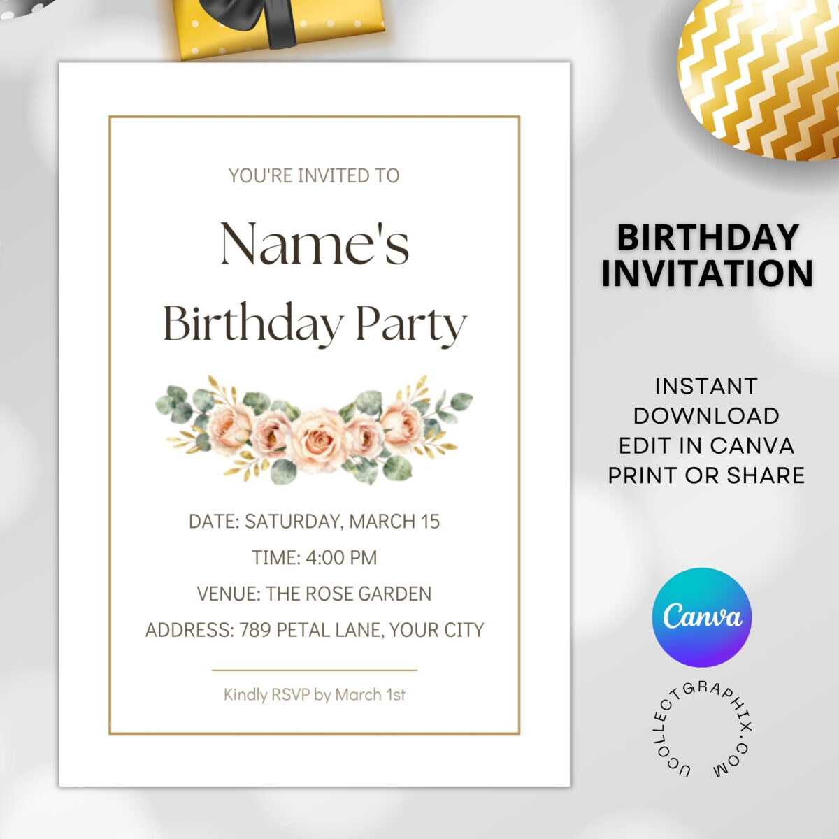 Editable Floral Birthday Invitation Template Canva | Elegant Rose Birthday Party Invite | Watercolor Flower Birthday Invitation | BDINVITE-006