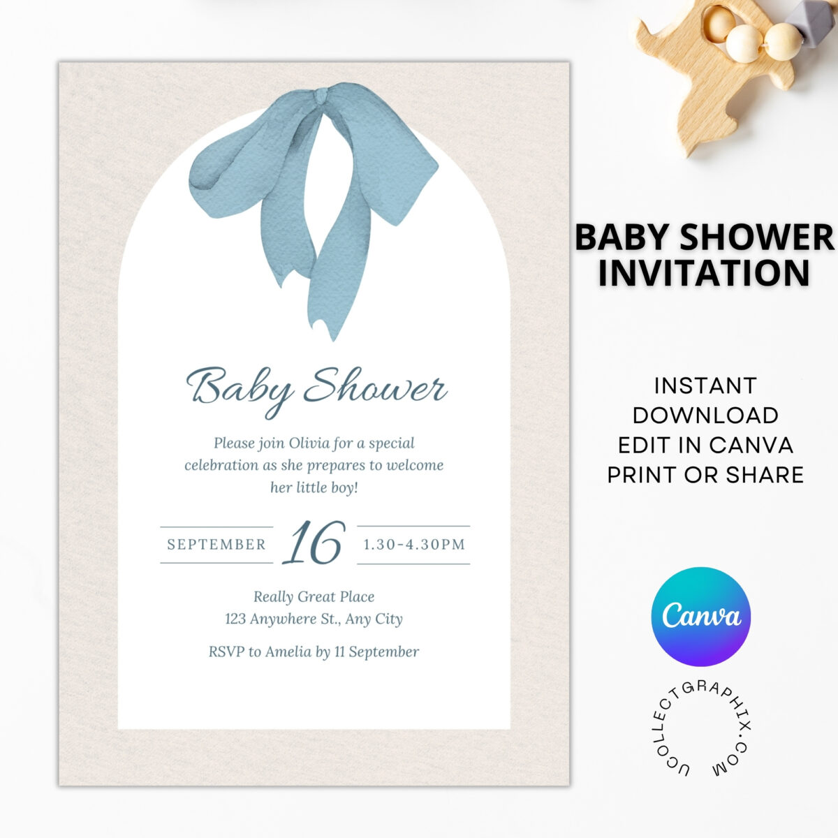 Editable Baby Shower Invitation Canva Template for Boy | Blue Baby Shower Invite Printable | Instant Download | BSINVITE-001