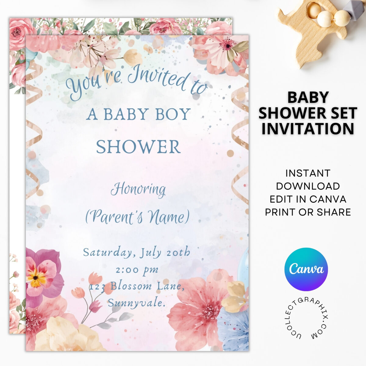 Editable Floral Baby Shower Invitation Bundle Set of 2 for Boy & Girl | Watercolor Canva Baby Shower Templates | Printable Invite | BDLINVITE-004