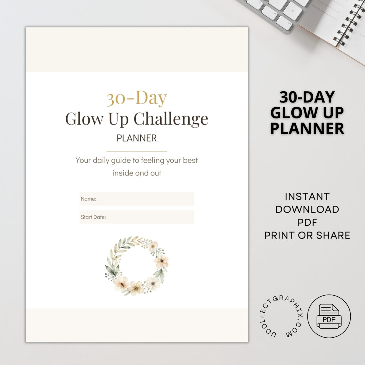 30-Day Glow Up Challenge Planner Printable | Self-Care & Wellness Journal | Daily Habit Tracker, Weekly Progress Review, Before & After Reflection | PLA30DAY-001