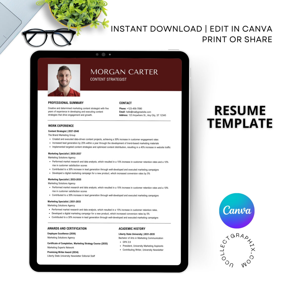 Editable ATS Resume Template with Photo & Cover Letter | Professional CV Canva Template | CV-008