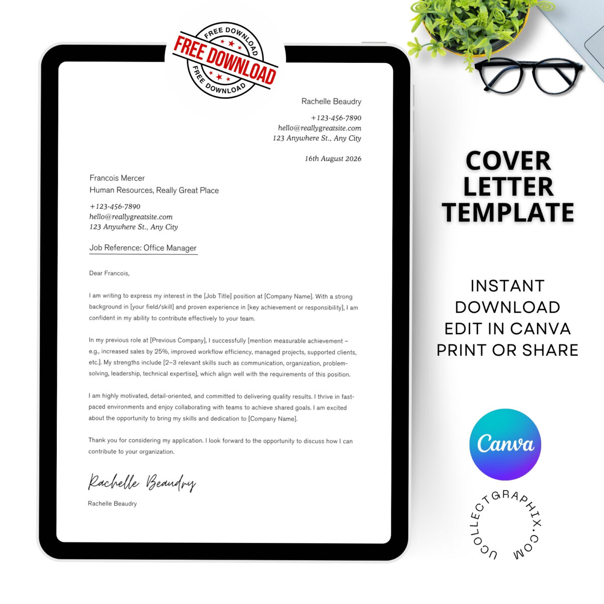 FREE Cover Letter Canva Template – Editable Professional Job Application Letter | COVER-001