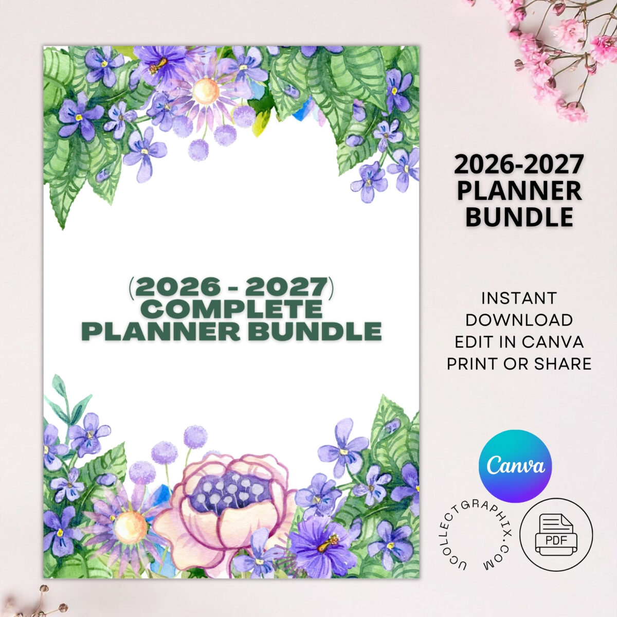 Editable Complete Planner Bundle Canva Template | 12-Page Printable Planner | Daily Weekly Monthly Yearly Planner | 2026 & 2027 Calendar | Digital Download | BNDL-001