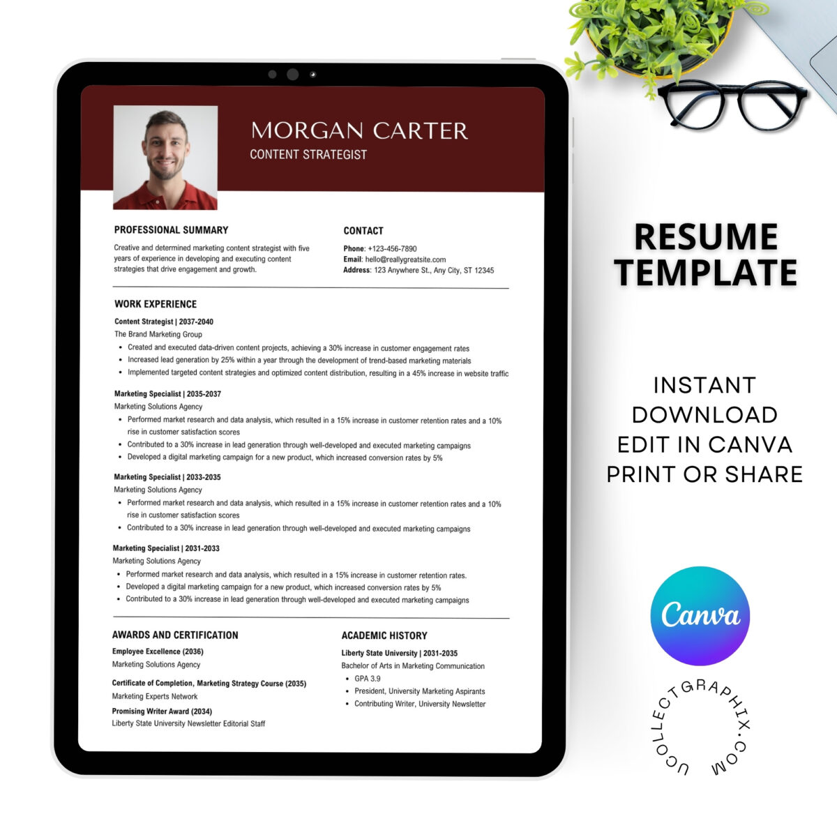Editable ATS Resume Template with Photo & Cover Letter | Professional CV Canva Template | CV-008