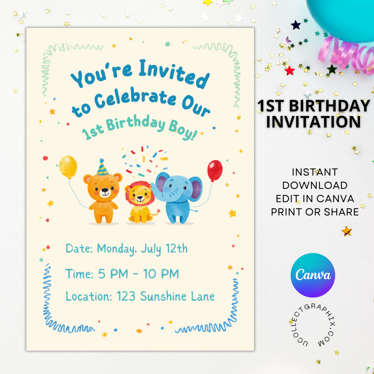 Editable First Birthday Boy Safari Invitation Canva Template | Cute Jungle Animals 1st Birthday Invite, Printable & Digital | 1BINVITE-003