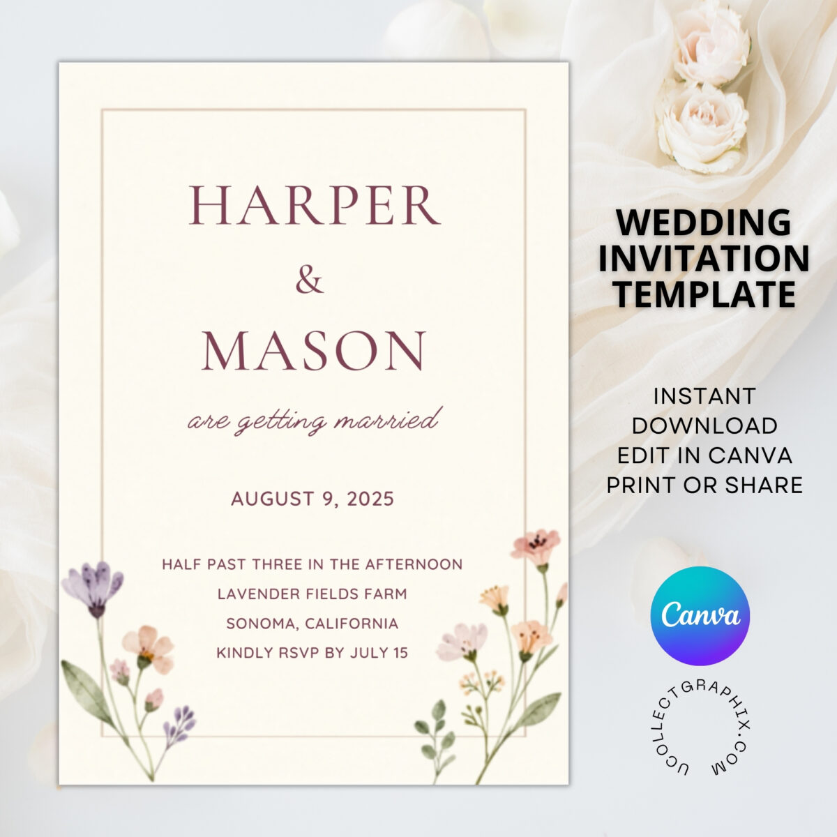 Elegant Minimalist Floral Wedding Invitation Template | Editable Canva Invite | Dusty Rose Script Wedding Invite | WEDINVITE-005