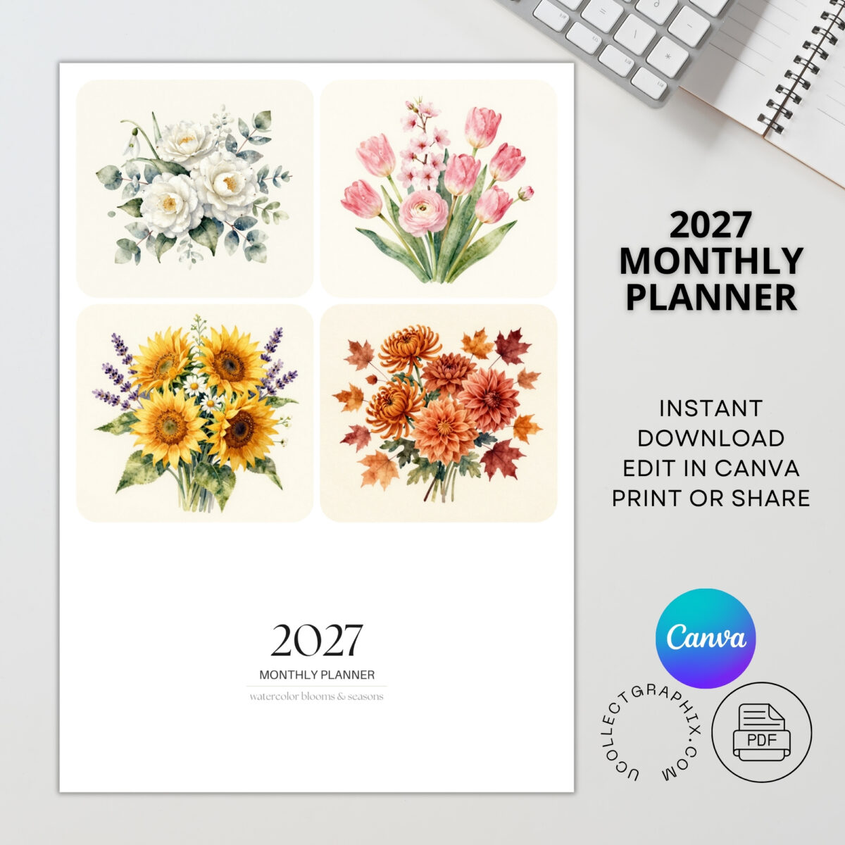 Editable 2027 Monthly Planner Calendar Canva Template | Floral Monthly Calendar with Notes | CAL2027-003