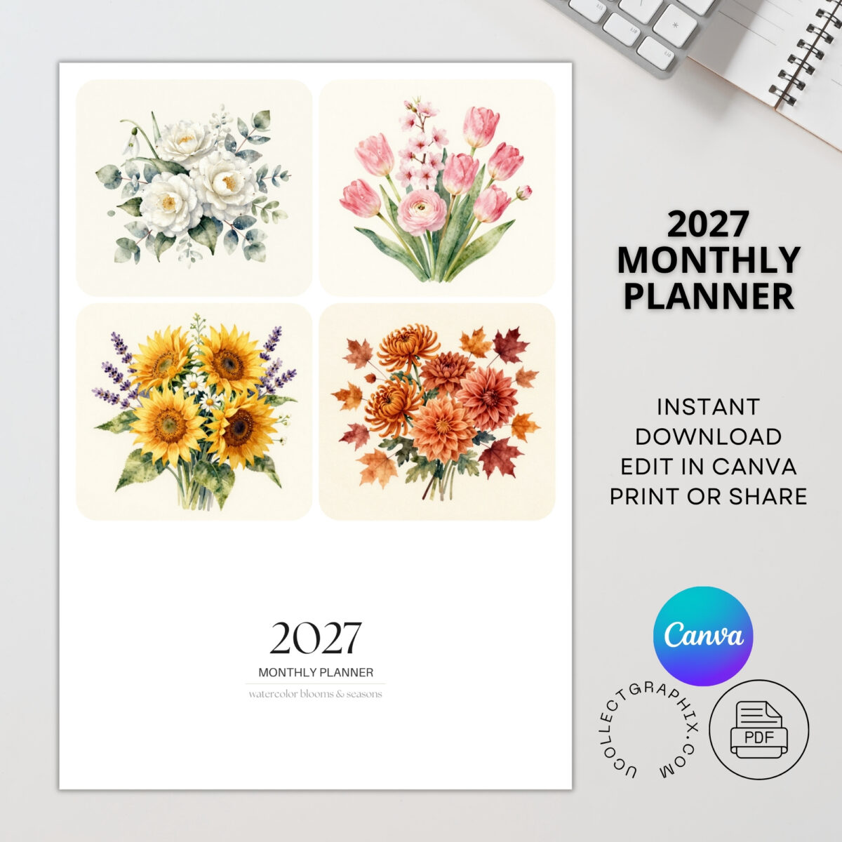 Editable 2027 Monthly Planner Calendar Canva Template | Floral Monthly Calendar with Notes | CAL2027-003