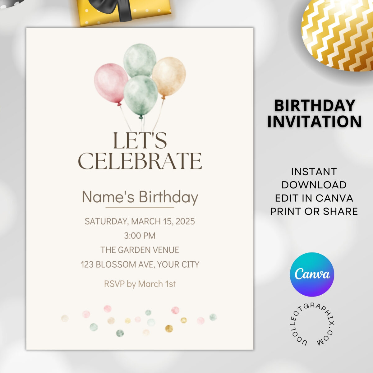 Editable Birthday Invitation Template Canva | Pastel Balloon Birthday Invite | Minimalist Watercolor Birthday Party Invitation | BDINVITE-005