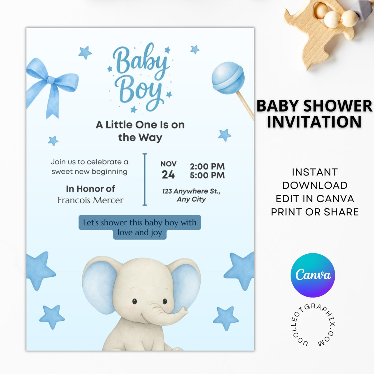 Editable Baby Shower Invitation Boy Canva Template | Blue Elephant Baby Shower Invite Printable | Instant Download | BSINVITE-002