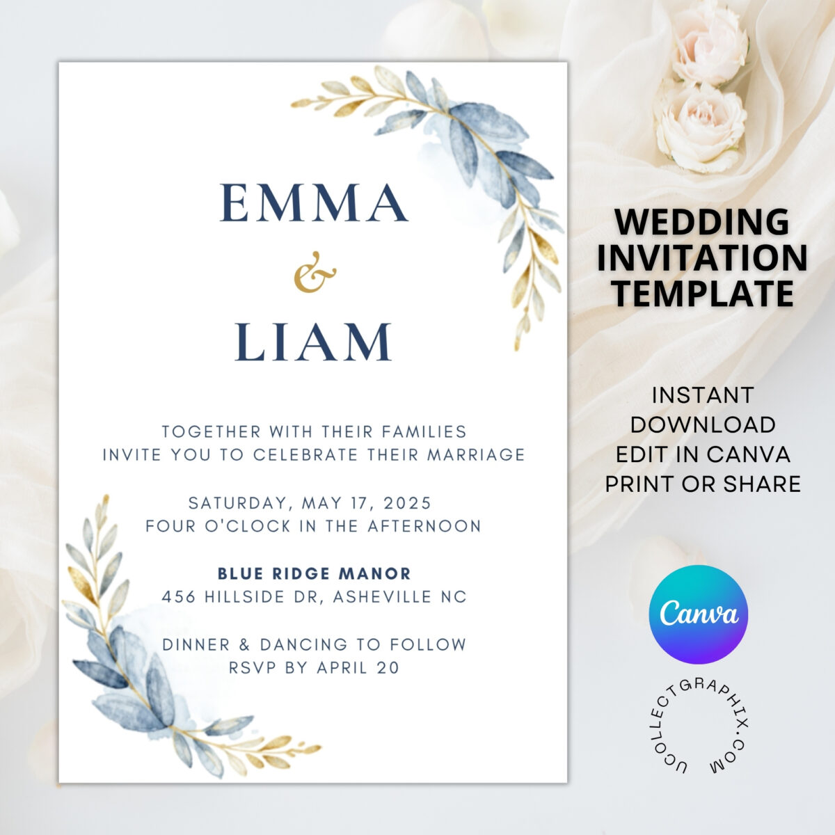 Editable Blue Floral Wedding Invitation Template | Elegant Canva Wedding Invite | Printable Minimalist Botanical Wedding Invitation | WEDINVITE-004