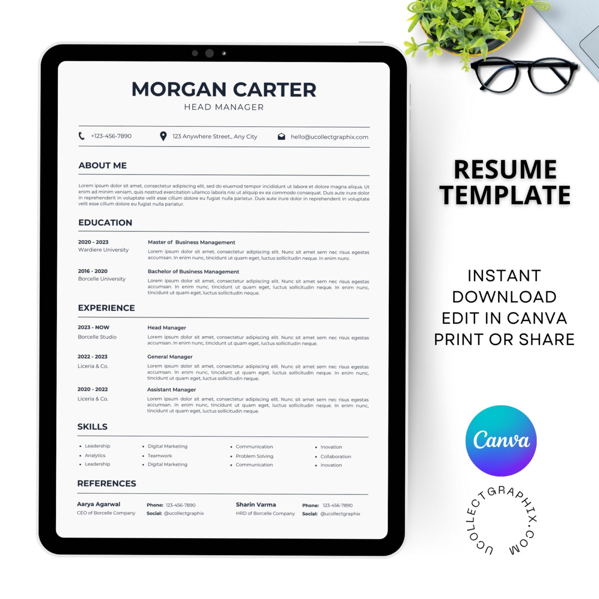 Professional Manager Resume Template | 1 & 2 Page Canva Editable CV | A4 & Letter Size | CV-003