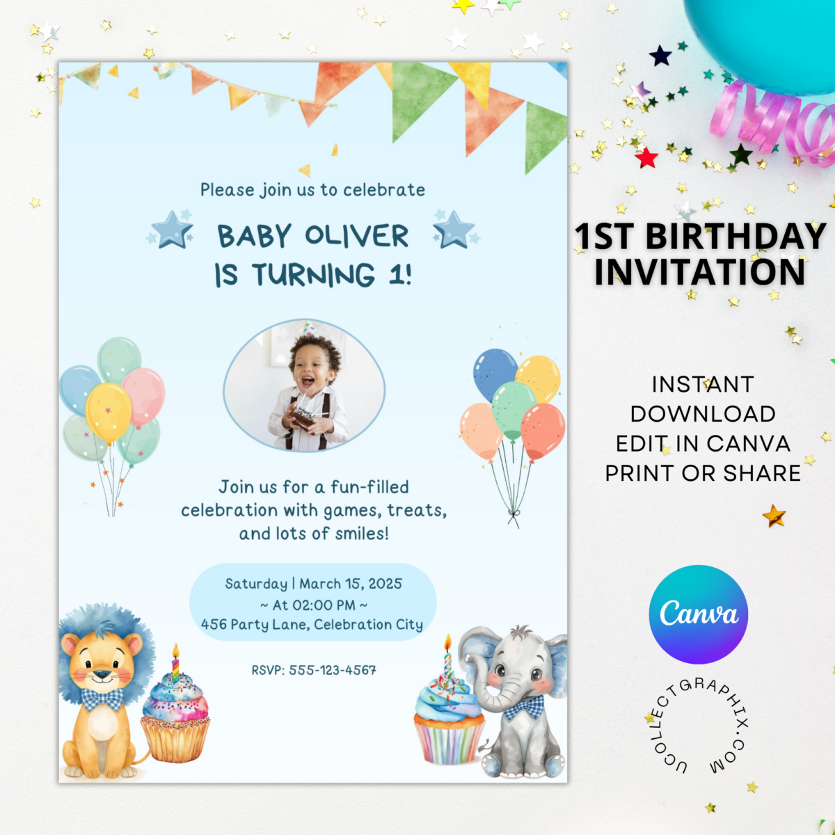 Editable First Birthday Boy Invitation Template | Cute Safari Animals 1st Birthday Invite | Canva Template Printable | 1BINVITE-001