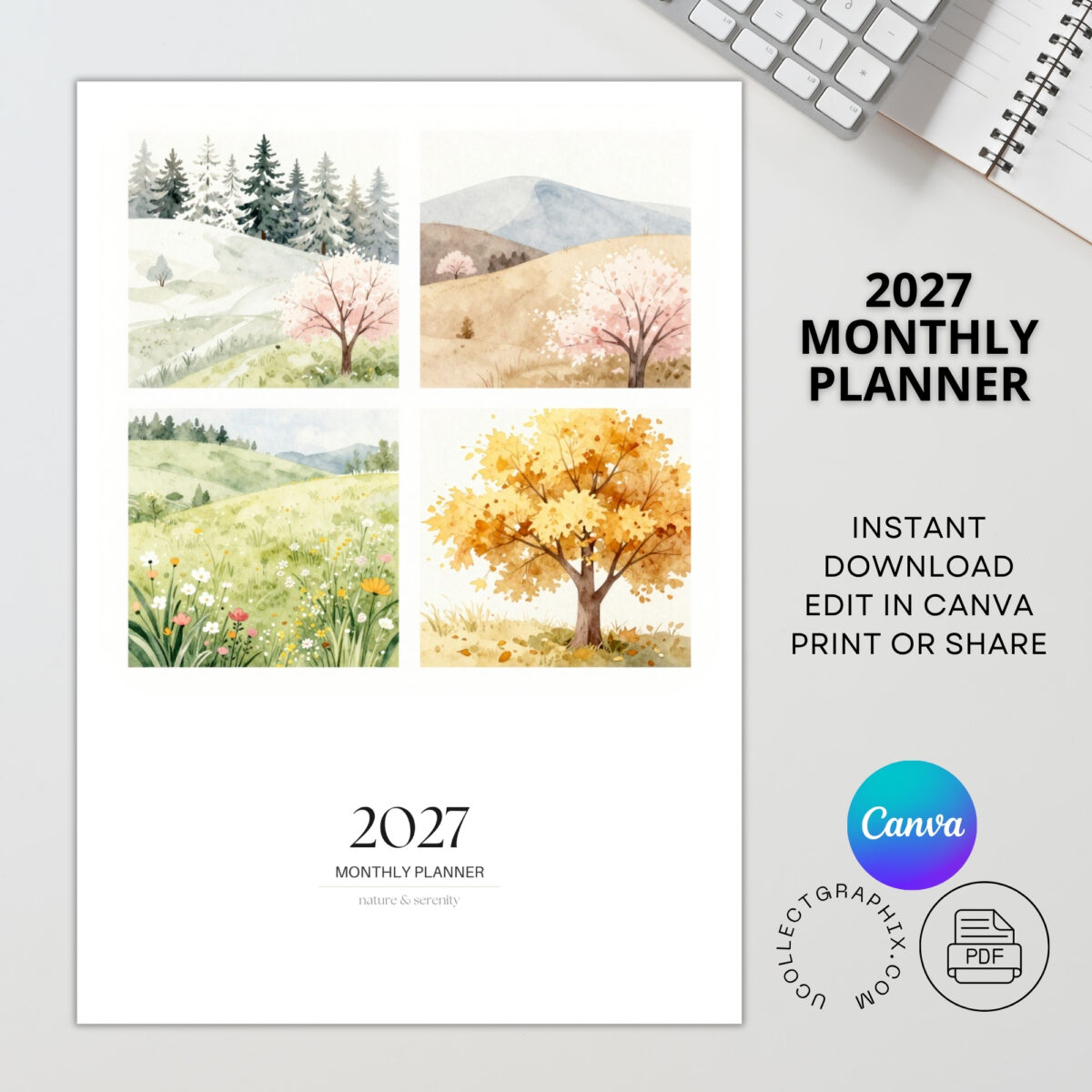 Editable 2027 Monthly Planner Calendar Canva Template | Nature-Themed Printable Calendar | CAL2027-002
