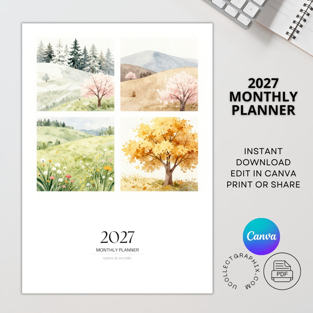 Editable 2027 Monthly Planner Calendar Canva Template | Nature-Themed Printable Calendar | CAL2027-002